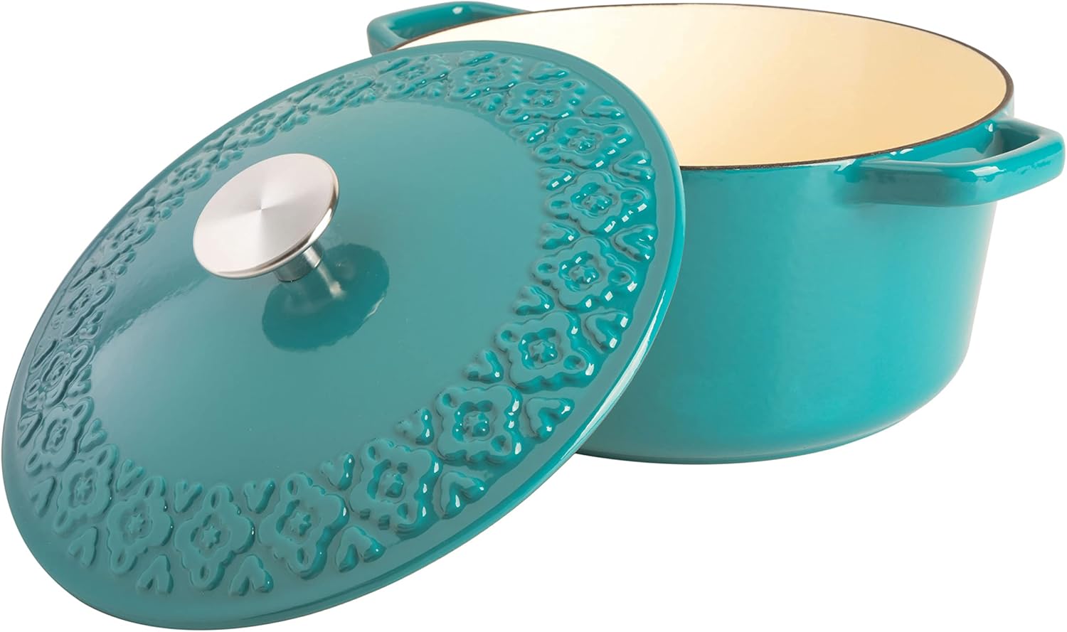 Spice by Tia Mowry 3.5 QT Enameled Cast Iron Dutch Oven W/Embossed Lid – Teal Spice by Tia Mowry 3.5 QT Enameled Cast Iron Dutch Oven W/Embossed Lid – Teal